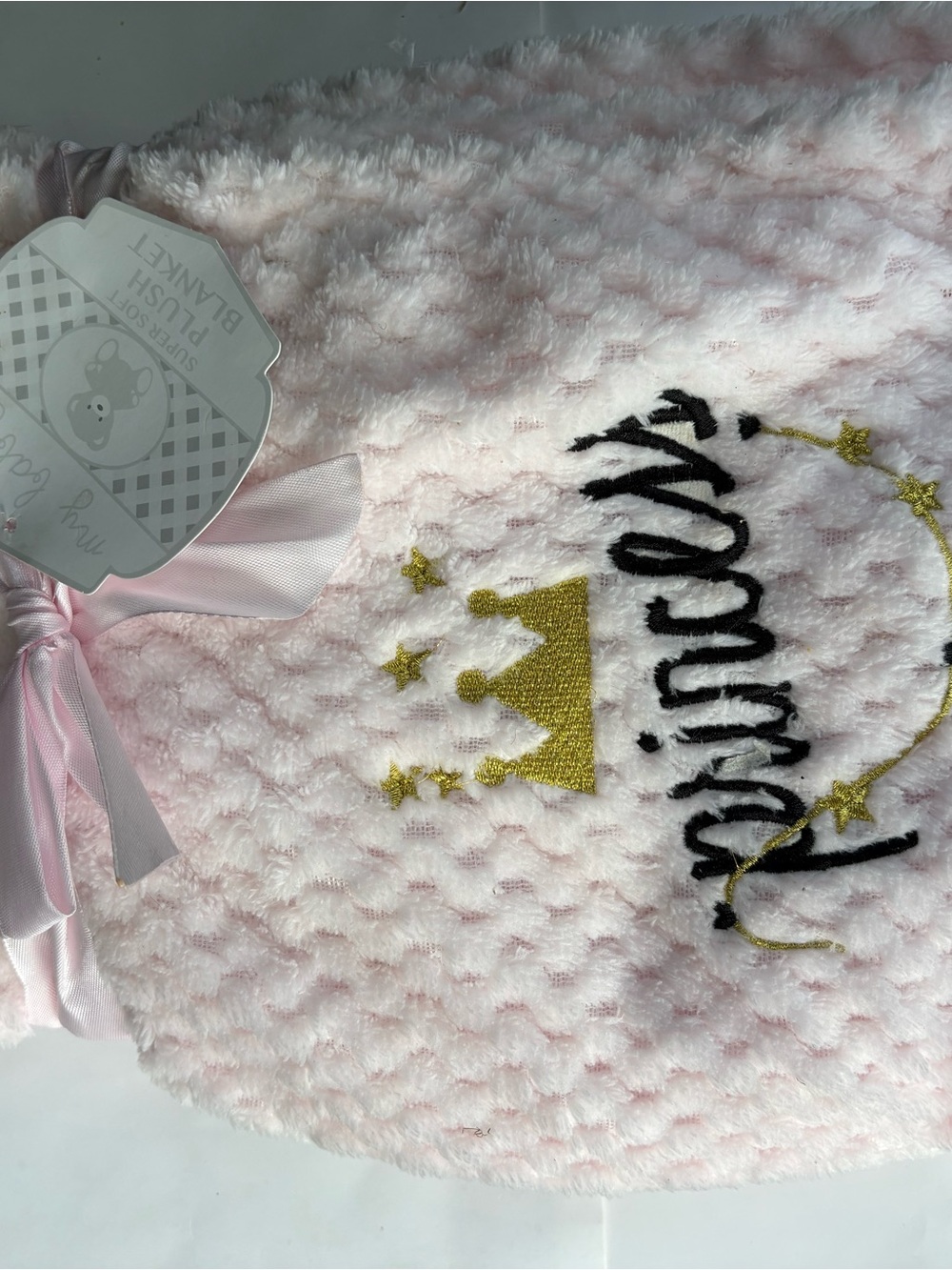 Princess Plush Pink Kids Blanket with Gold Crown Embroidery by